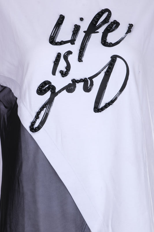 Kadın Yazı Baskılı Boncuk Detaylı Bluz Ysatis