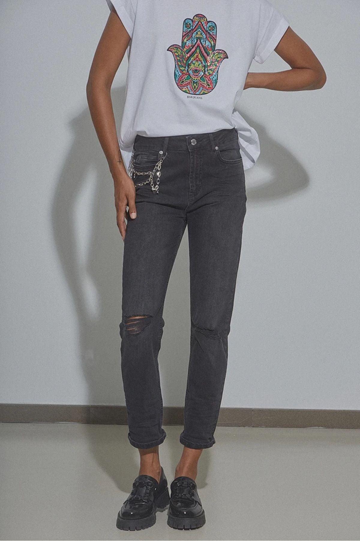 BSB Minimalist Yüksek Bel Delikli Midi Kot Pantolon - Günlük & Şık Secondary image