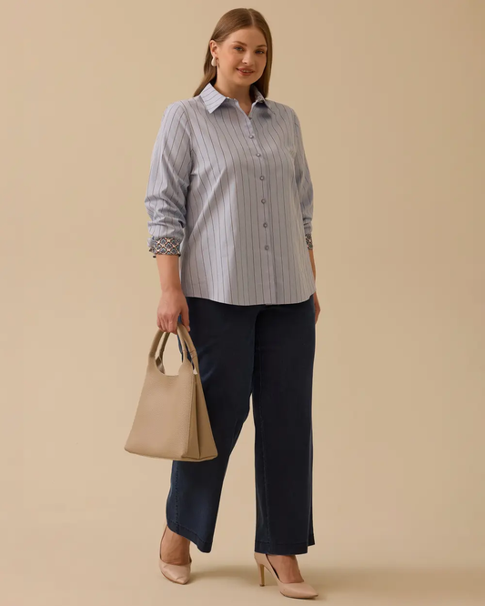 Plus Size Striped Shirt with Cuff Detail Gala-Xi