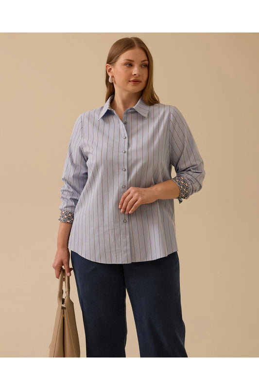 Plus Size Striped Shirt with Cuff Detail Gala-Xi