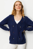 Women's V-Neck Cardigan with Diamond Pattern Embroidery on the Front