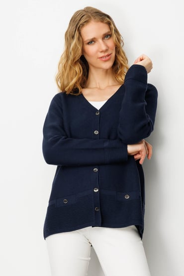 Women's V-Neck Cardigan with Faux Pockets and Button Closure