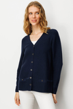 Women's V-Neck Cardigan with Faux Pockets and Button Closure