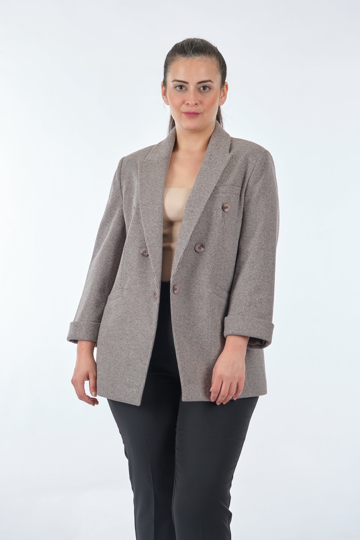 Ekol Oversize Minimalist Kadın Ceket - 3/4 Kol - Çift Sıralı Main image