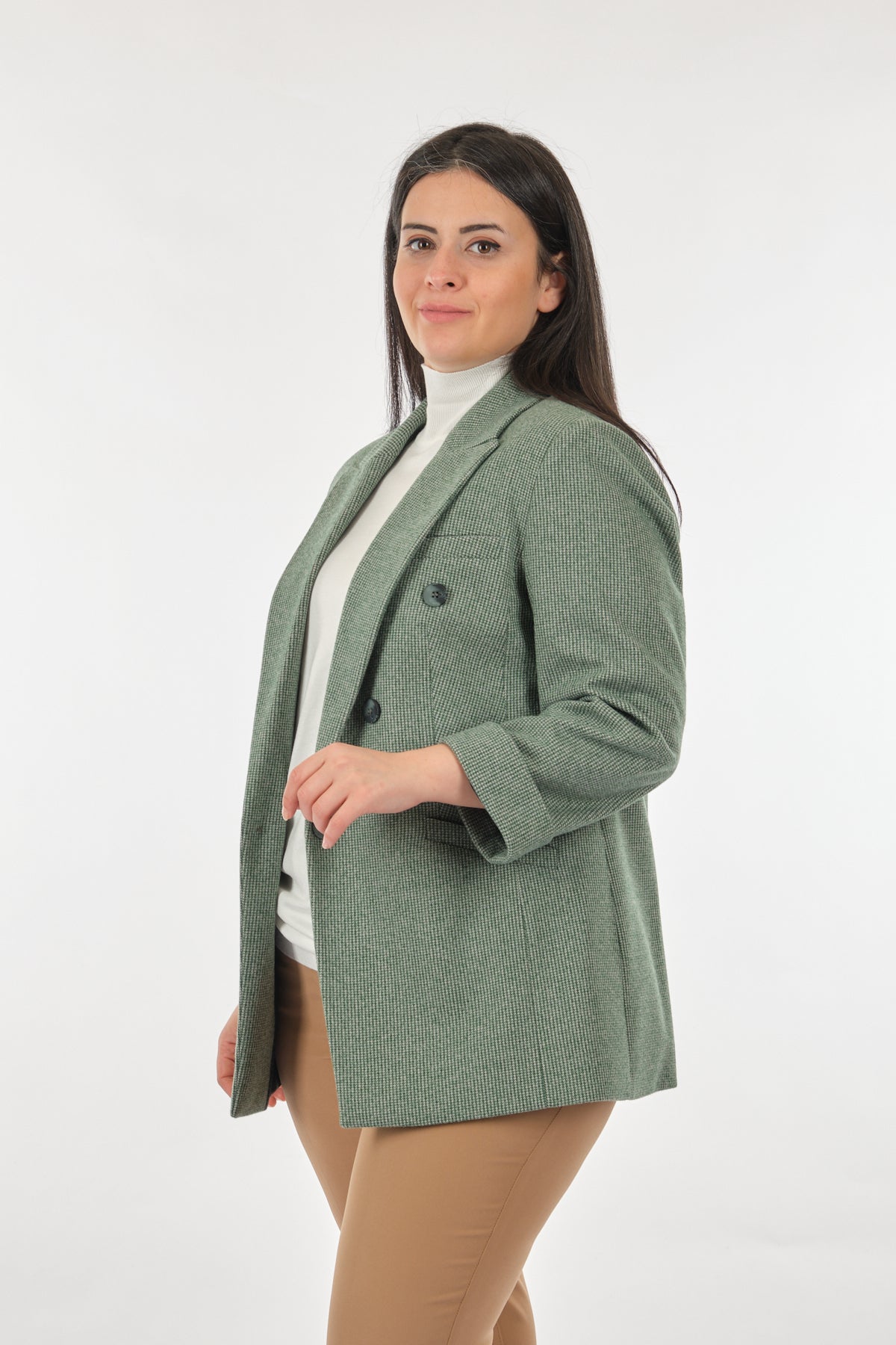 Ekol Oversize Minimalist Kadın Ceket - 3/4 Kol - Çift Sıralı Secondary image
