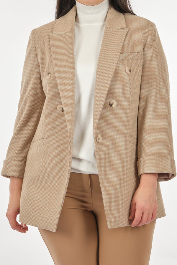 Ekol Oversize Minimalist Kadın Ceket - 3/4 Kol - Çift Sıralı