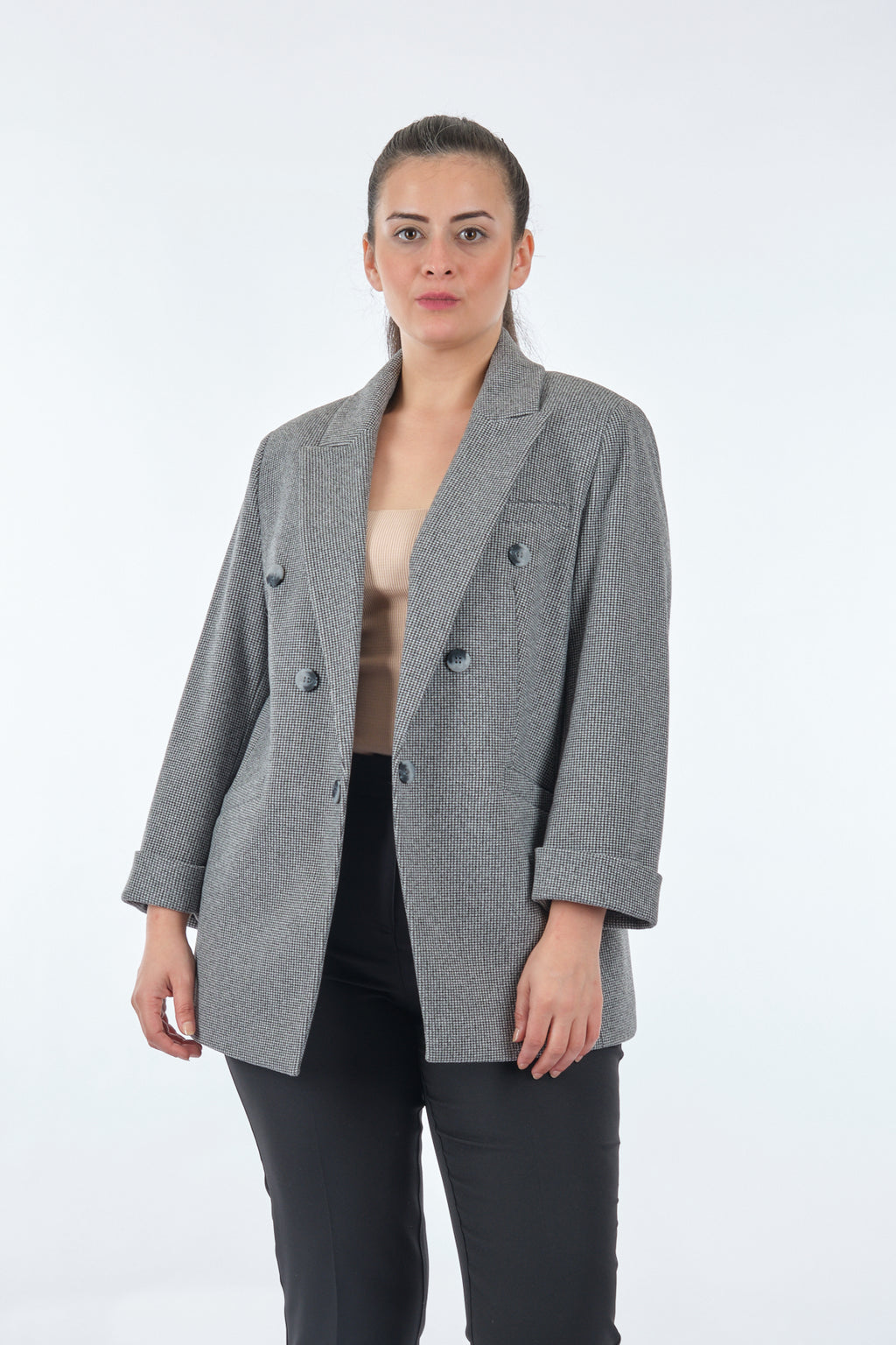 Ekol Oversize Minimalist Kadın Ceket - 3/4 Kol - Çift Sıralı