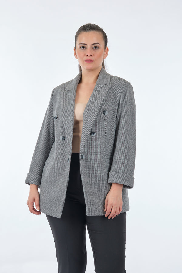 Ekol Oversize Minimalist Kadın Ceket - 3/4 Kol - Çift Sıralı