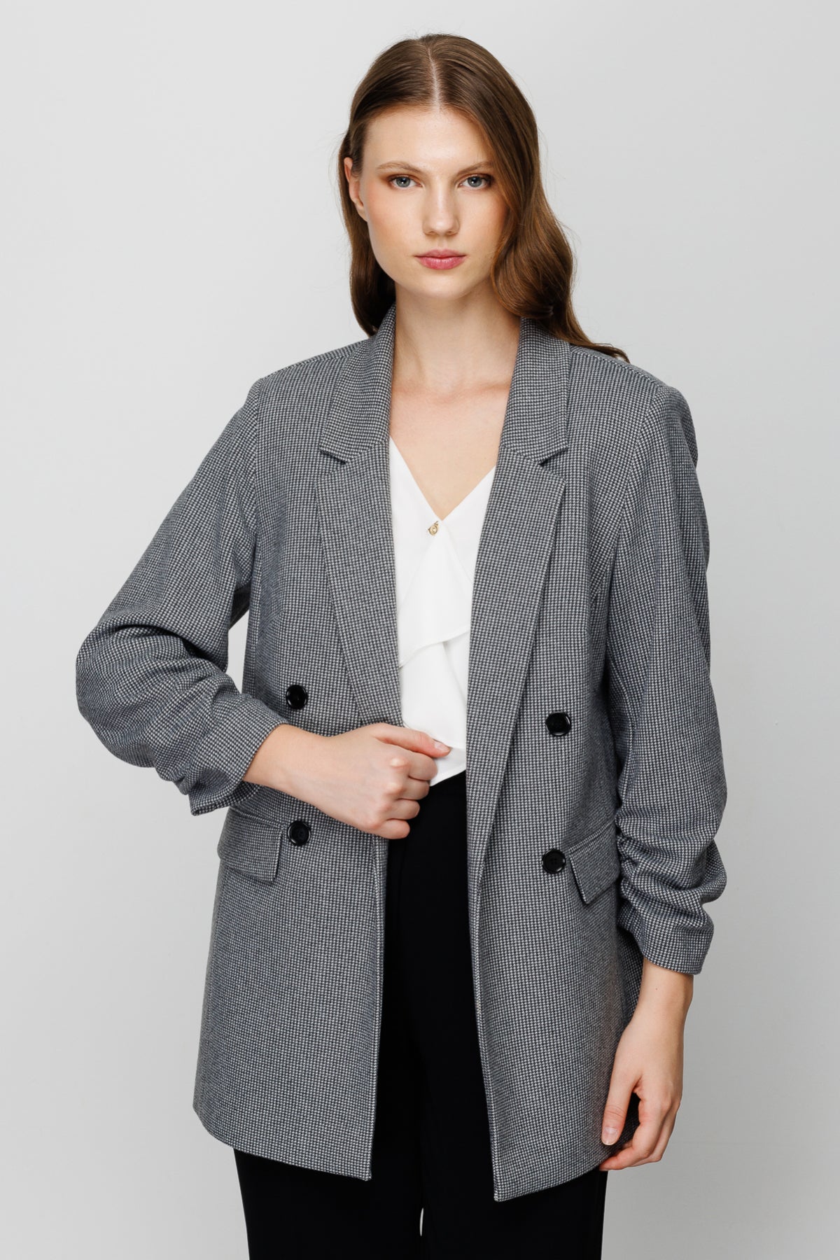 Ekol Oversize Minimalist Kadın Ceket - Çift Düğmeli, Uzun Kol Secondary image