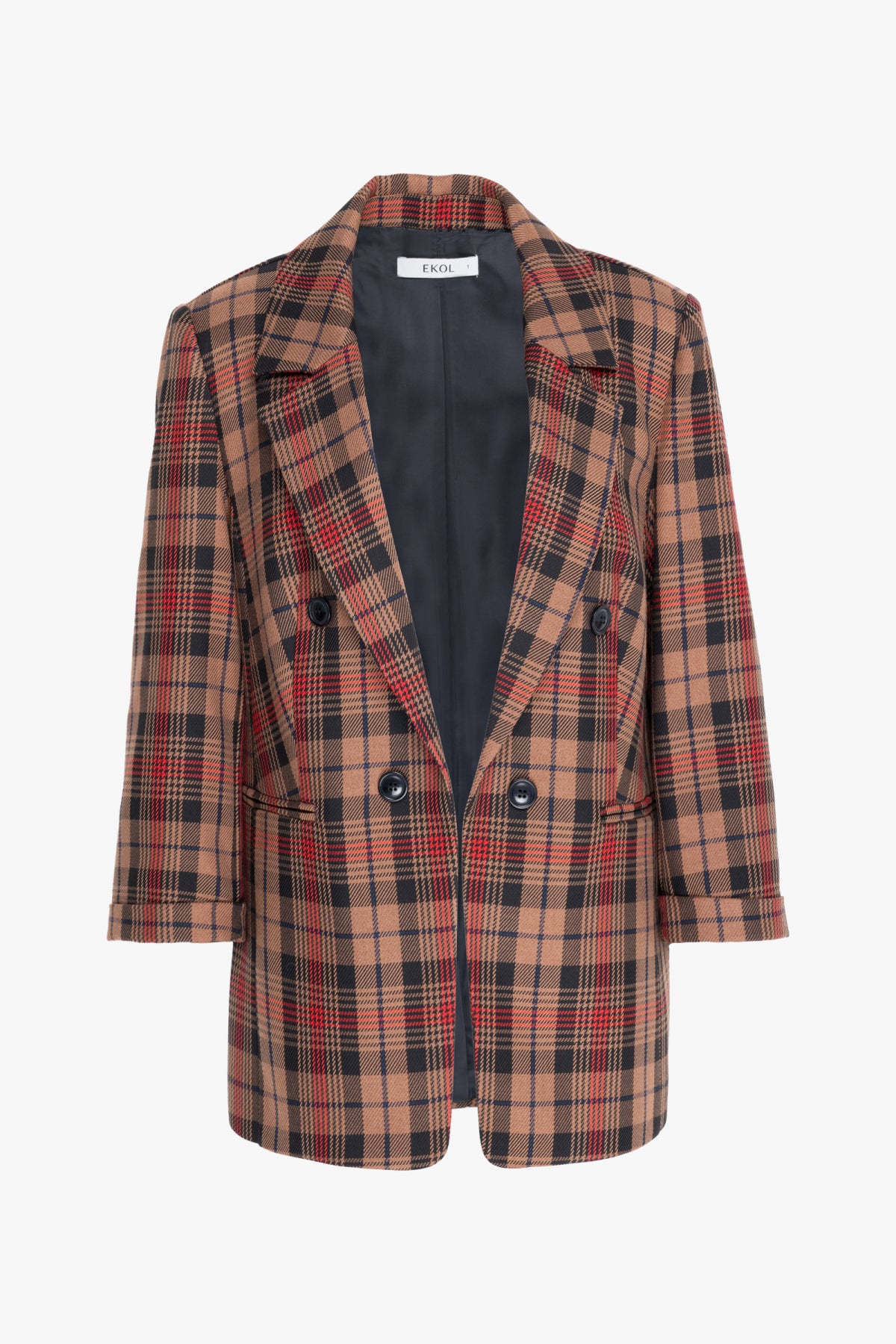 Ekol Oversize Kareli 3/4 Kol Kadın Ceket - Minimalist Stil Main image