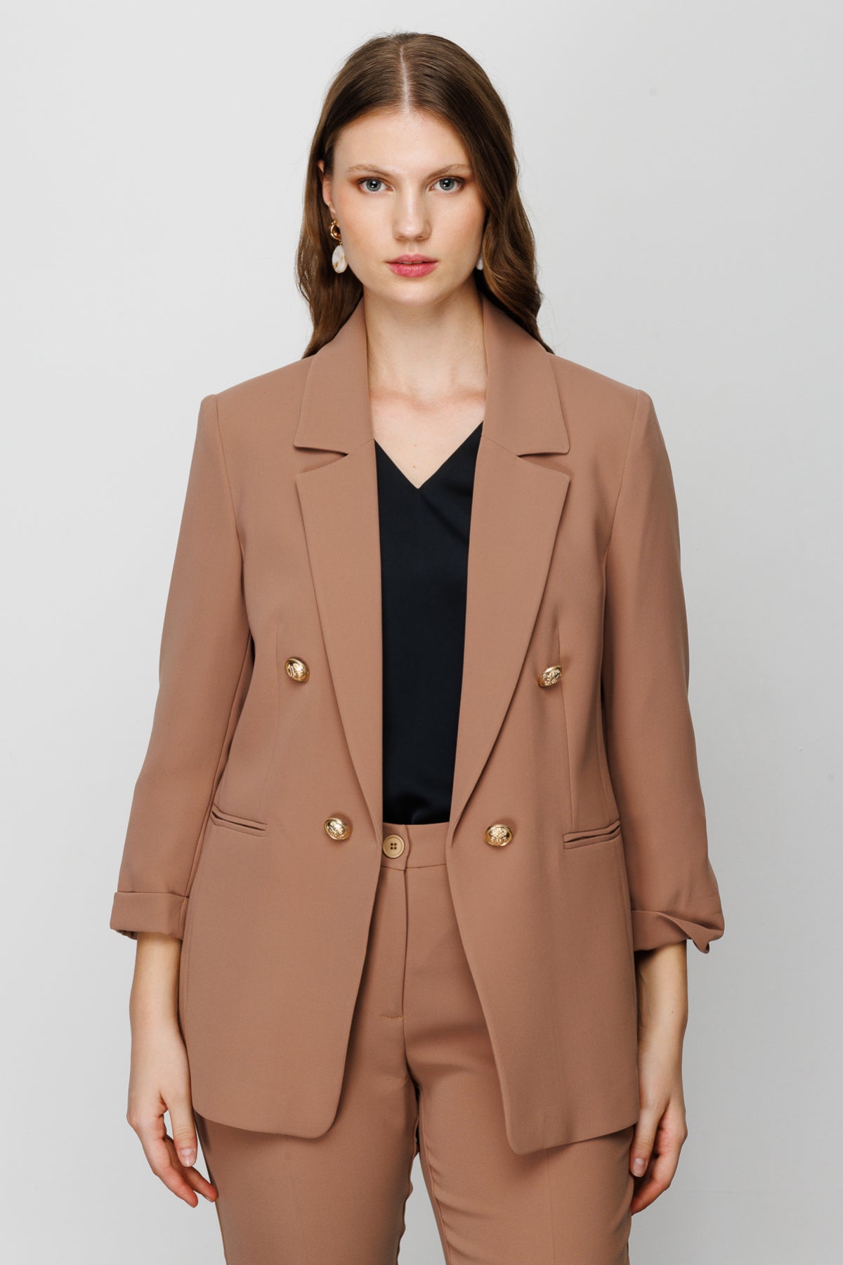 Ekol Minimalist 3/4 Kol Çift Düğmeli Kadın Blazer Ceket - Günlük & Ofis Main image