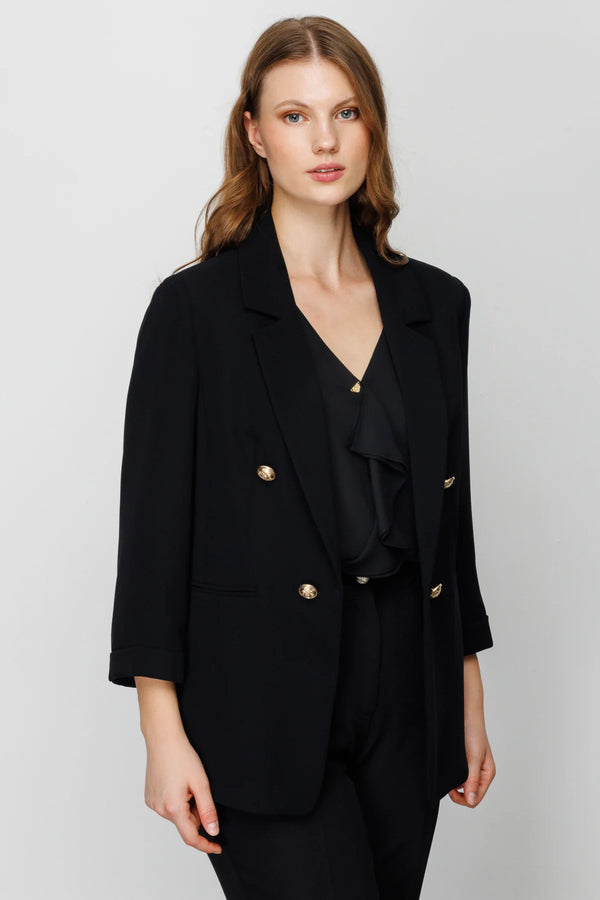 Ekol Minimalist 3/4 Kol Çift Düğmeli Kadın Blazer Ceket - Günlük & Ofis
