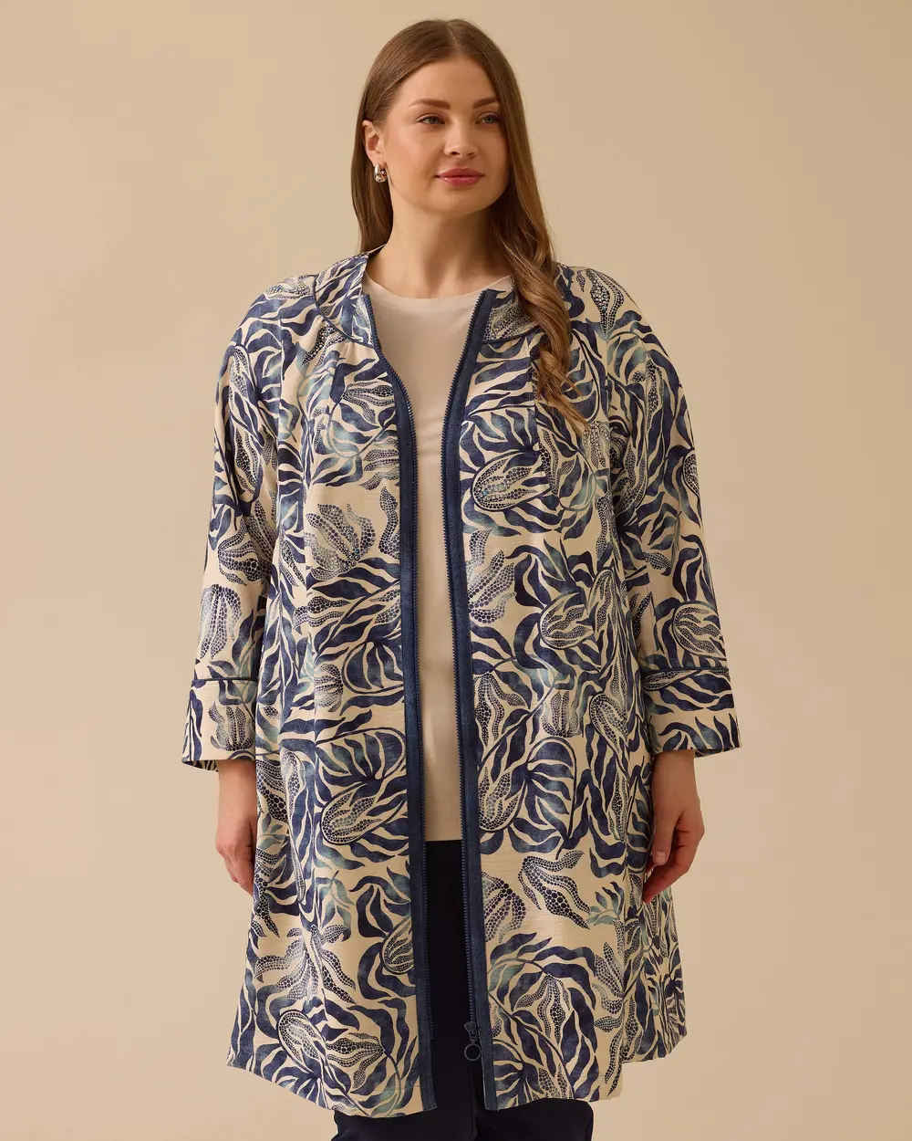 Gala-xi Desenli Oversize Midi Kadın Ceket - Fermuarlı, Uzun Kol Main image