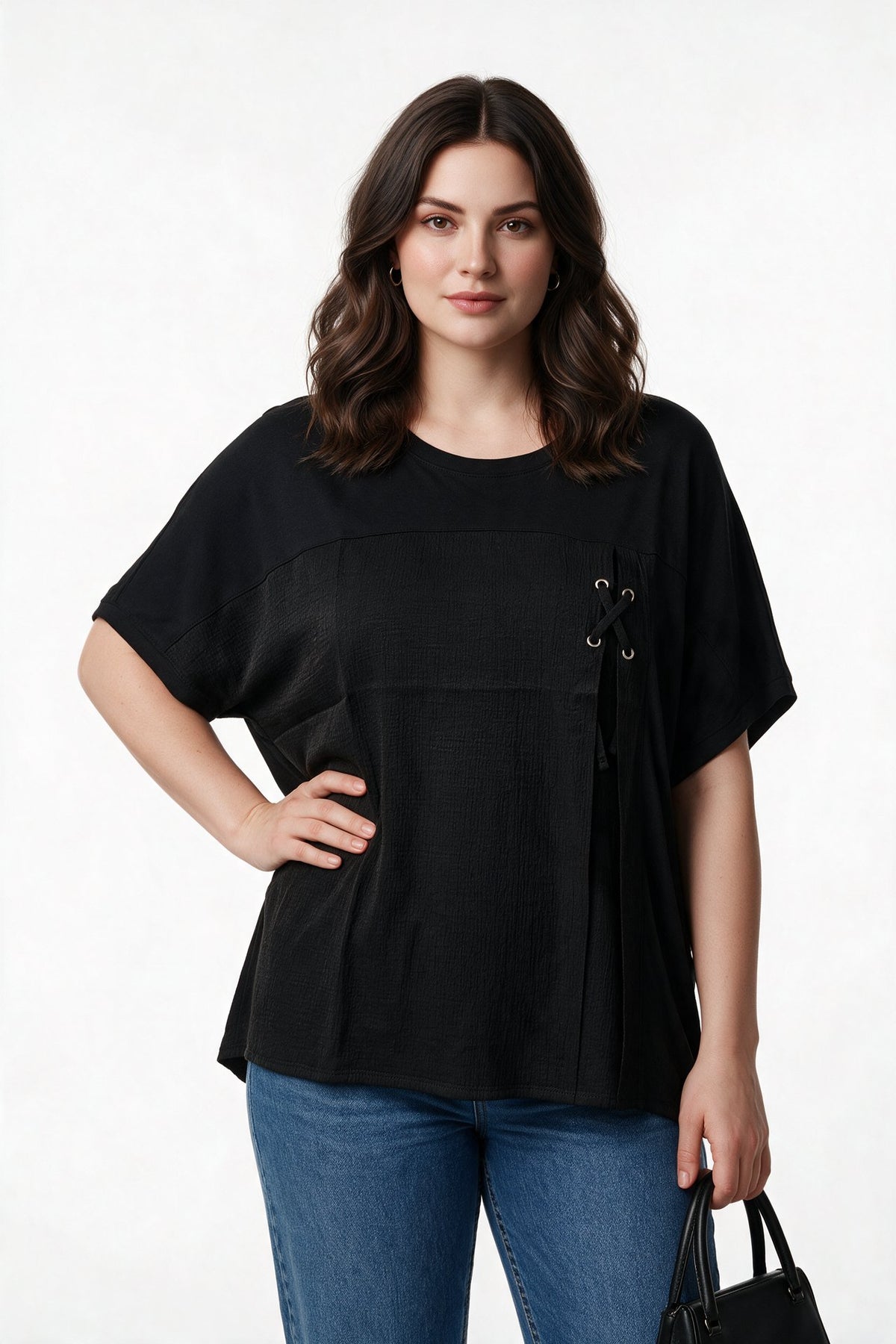 Daıdo Kadın Bisiklet Yaka Rahat Kesim Dokulu Panel Bağcık Detaylı Kısa Kollu T-Shirt Main image