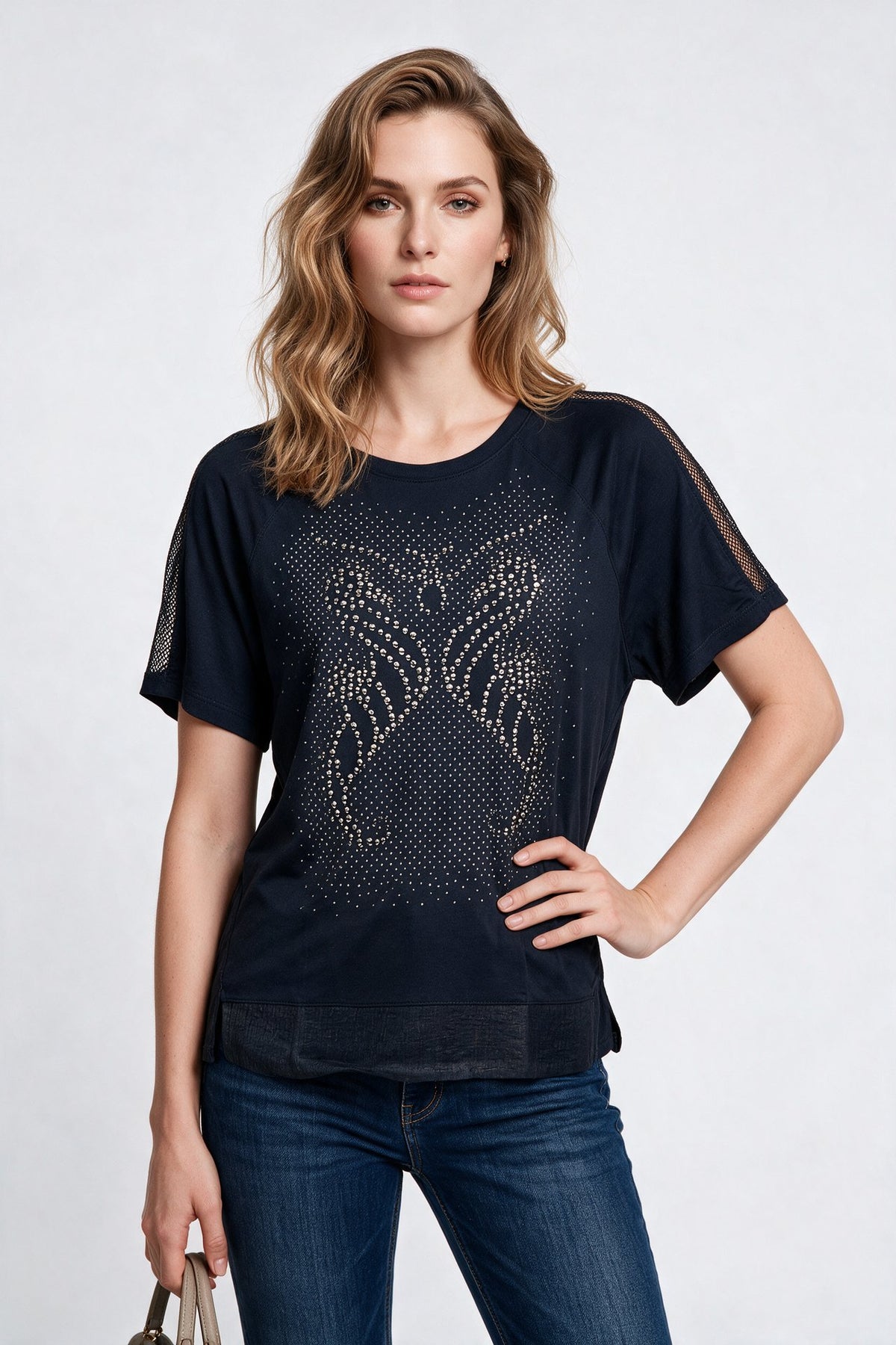 Daıdo Kadın Bisiklet Yaka Taş İşlemeli Reglan Kol File Detaylı Pamuk Karışımlı T-Shirt Main image