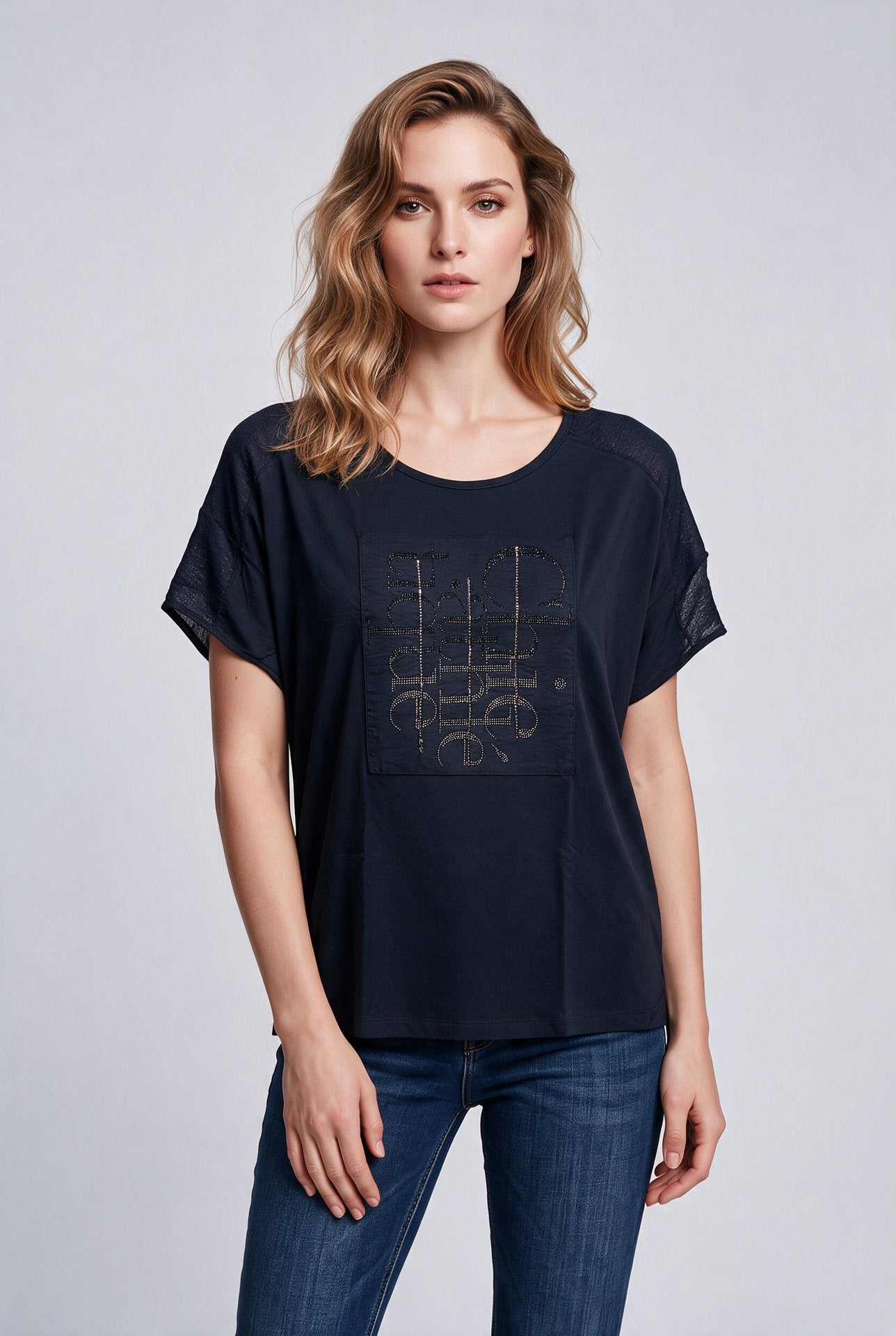 Daıdo Kadın Bisiklet Yaka Düşük Omuz Kısa Kollu Logo İşlemeli Pamuk Karışımlı T-Shirt Main image