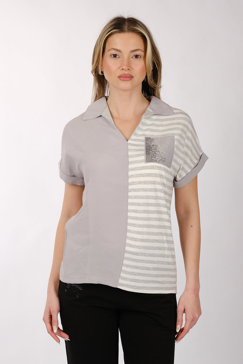 Daido Minimalist Kısa Kol V Yaka Çizgili Kadın T-Shirt - Günlük Kullanım