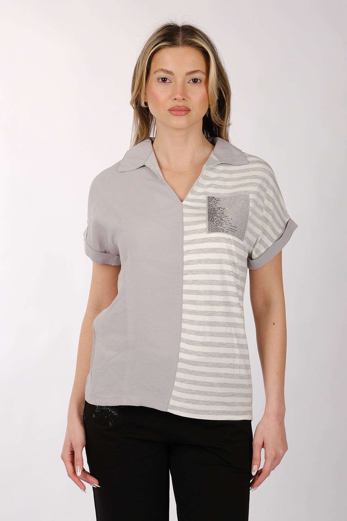 Daido Minimalist Kısa Kol V Yaka Çizgili Kadın T-Shirt - Günlük Kullanım
