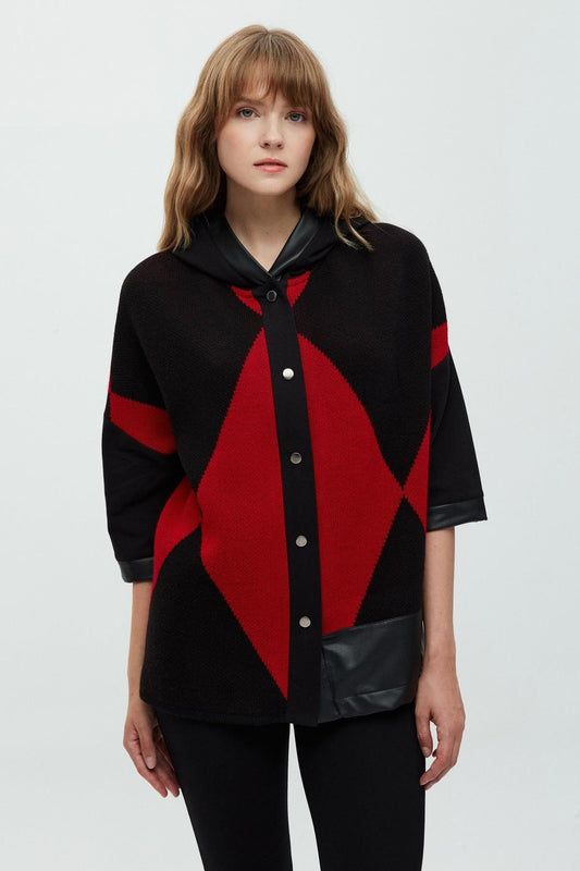 Daido Oversize Kapüşonlu 3/4 Kol Kadın Hırka - Geometrik Desen