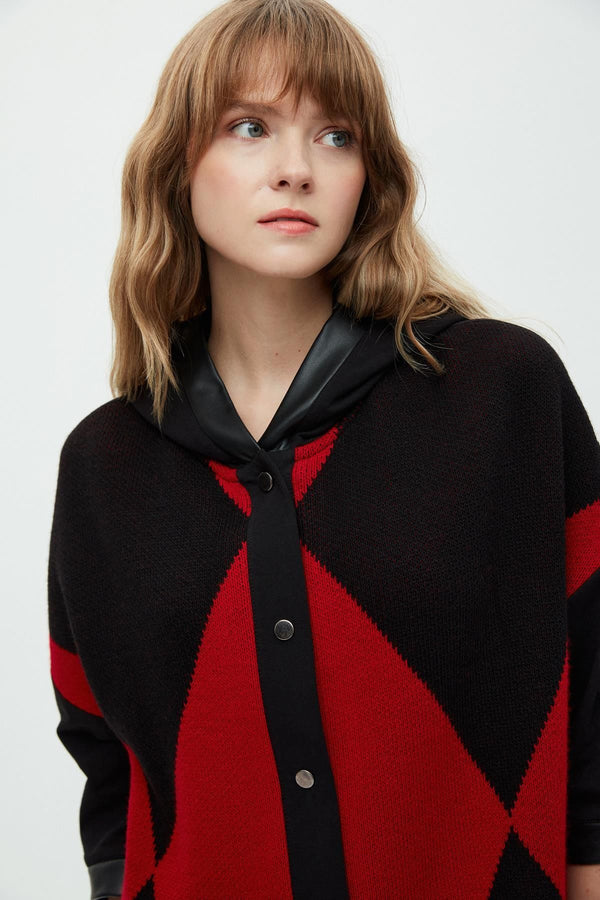 Daido Oversize Kapüşonlu 3/4 Kol Kadın Hırka - Geometrik Desen