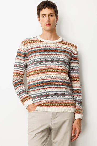 Patterned Crew Neck Jacquard Wool Sweater for Men 25KDSN25511