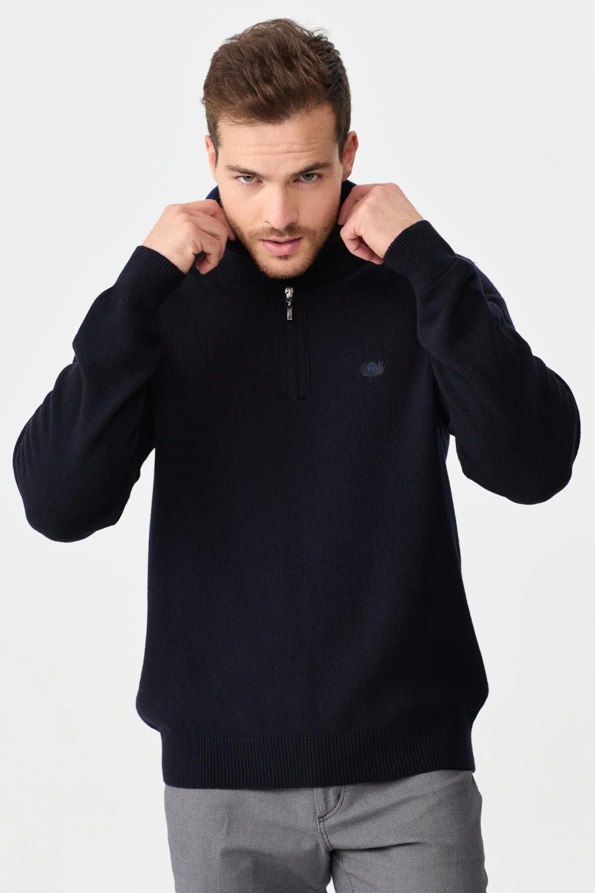 Desen Erkek Minimalist Yaka Detaylı Uzun Kol Kazak - Günlük Kullanım İkincil görsel
