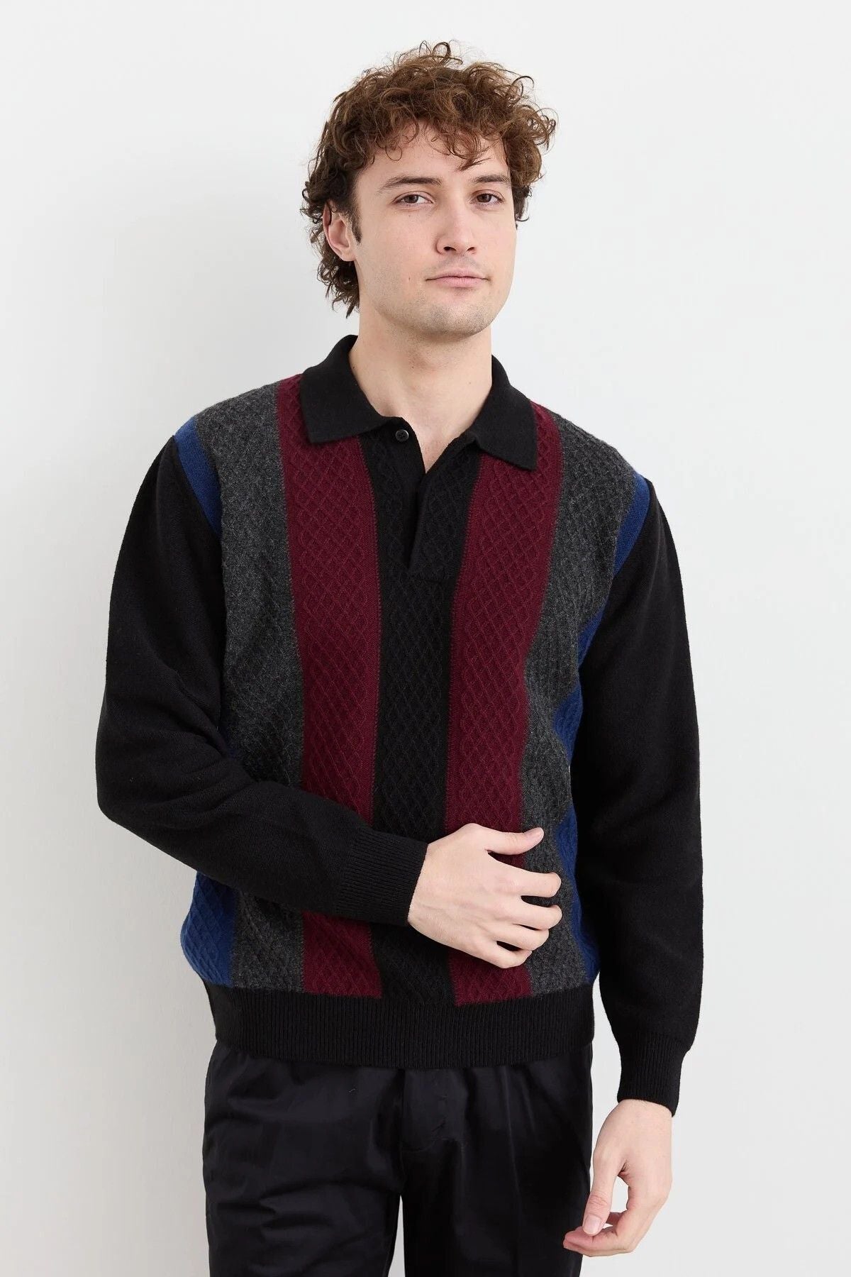 Desen Erkek Uzun Kol Polo Yaka Kazak - Vintage Minimalist Stil Secondary image