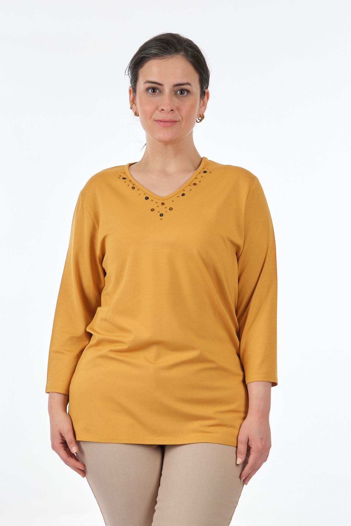 Desen Oversize V Yaka 3/4 Kol Kadın Bluz - Minimalist Tarz