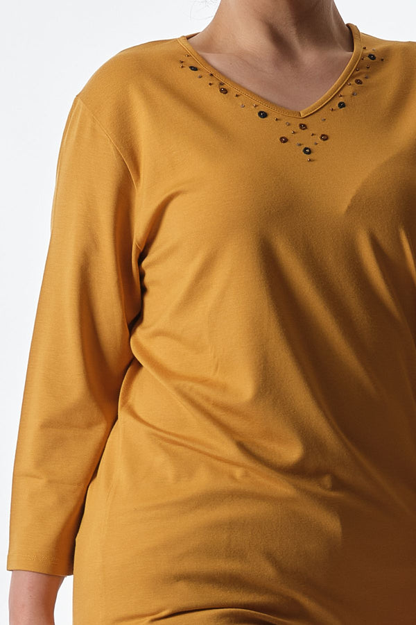 Desen Oversize V Yaka 3/4 Kol Kadın Bluz - Minimalist Tarz