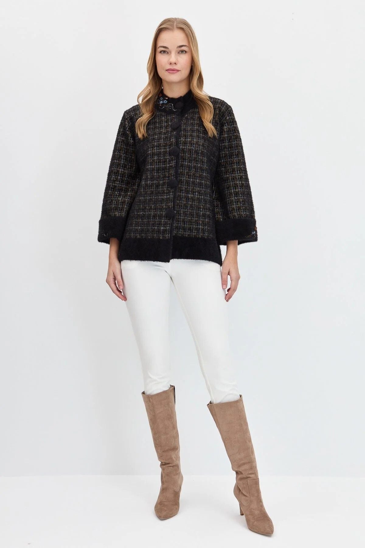 Desen Oversize Nakışlı 3/4 Kol Kadın Ceket - Vintage Stil Secondary image