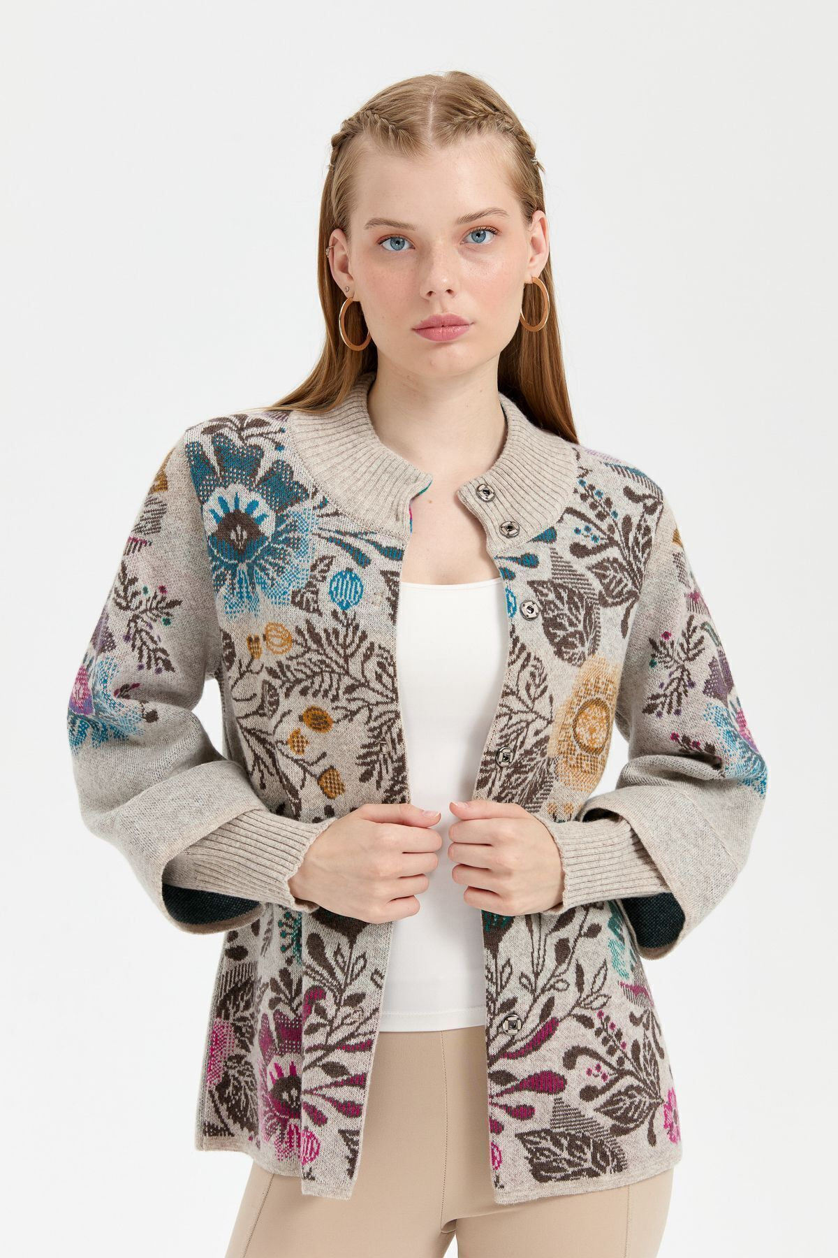 Desen Kadın Oversize Midi Kaban - Çiçek Desenli, Boğazlı, Uzun Kol Secondary image