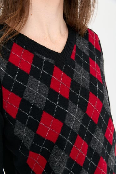 Desen V Yaka Argyle Desenli Oversize Kadın Kazak - Günlük Kullanım
