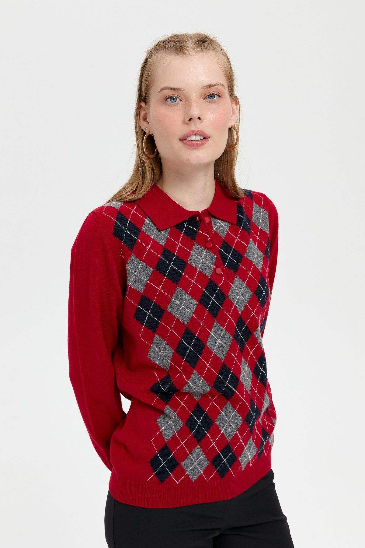 Desen Kadın Kazak - Polo Yaka Uzun Kol Minimalist Argyle Desen Main image