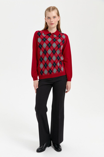 Desen Kadın Kazak - Polo Yaka Uzun Kol Minimalist Argyle Desen