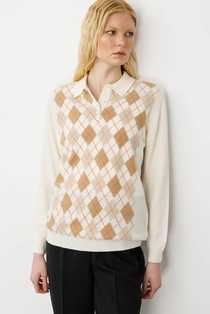 Desen Kadın Kazak - Polo Yaka Uzun Kol Minimalist Argyle Desen