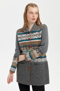 Desen Kadın Midi Oversize Desenli Kaban - Vintage Tarz
