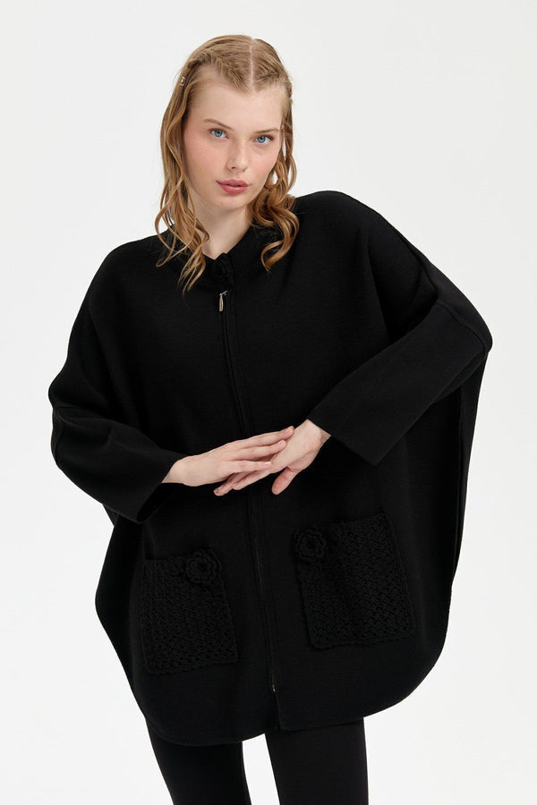 Desen Kadın Oversize Midi Panço - Fermuarlı, Örgü Detaylı