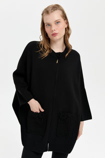 Desen Kadın Oversize Midi Panço - Fermuarlı, Örgü Detaylı