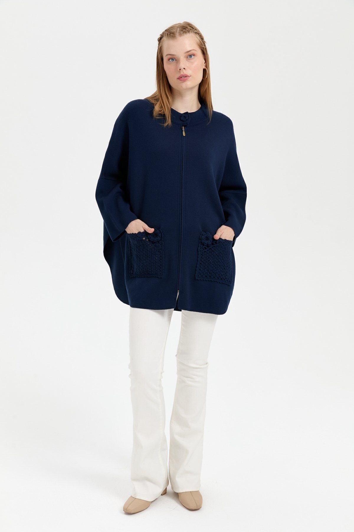 Desen Kadın Oversize Midi Panço - Fermuarlı, Örgü Detaylı Secondary image