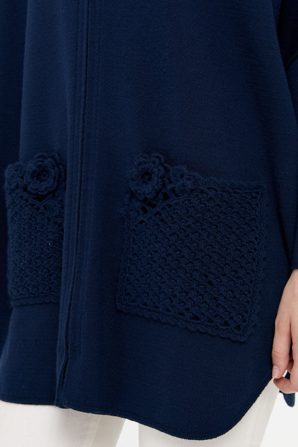 Desen Kadın Oversize Midi Panço - Fermuarlı, Örgü Detaylı