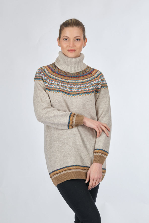 Desen Oversize Boğazlı Midi Tunik Kazak - Kışlık Sıcaklık ve Şıklık