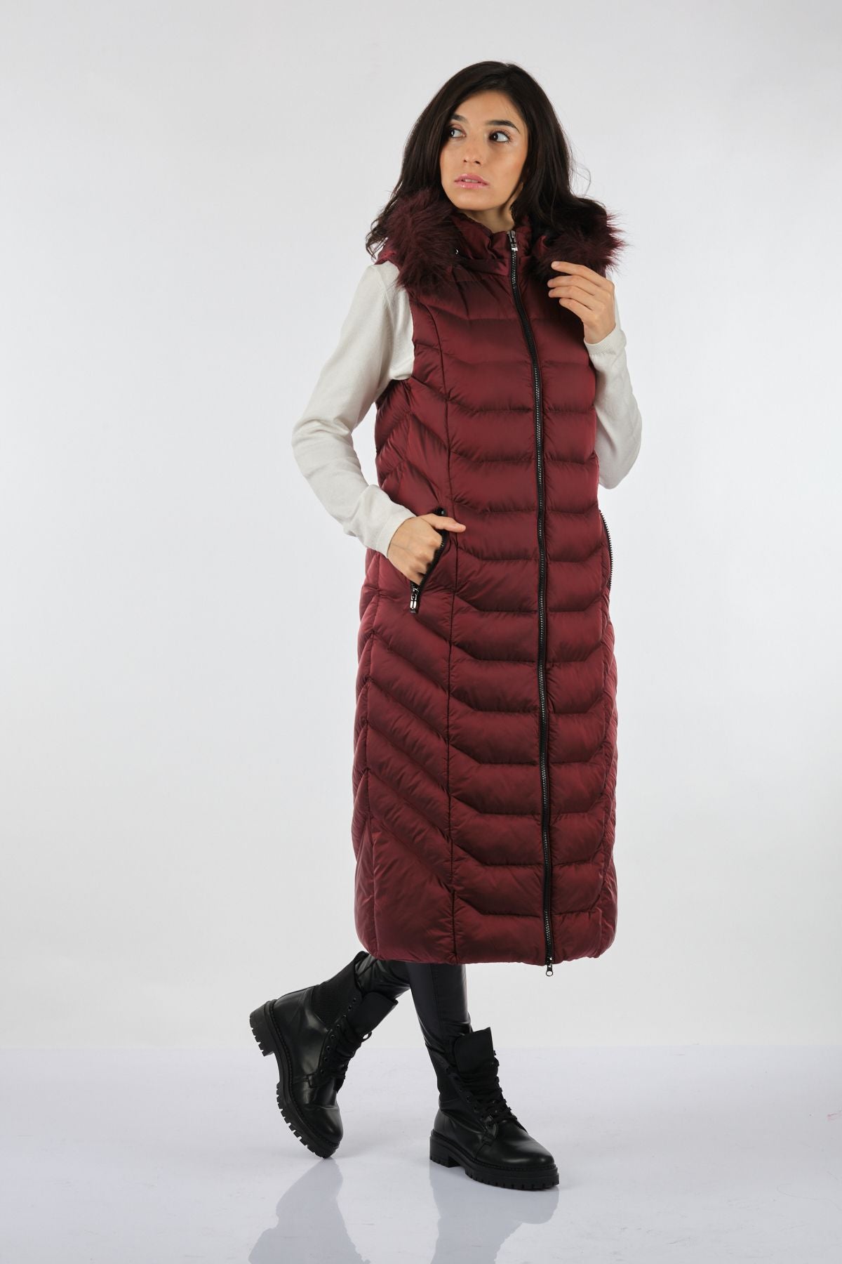Desen Kapüşonlu Oversize Midi Uzun Kadın Yelek - Kışlık