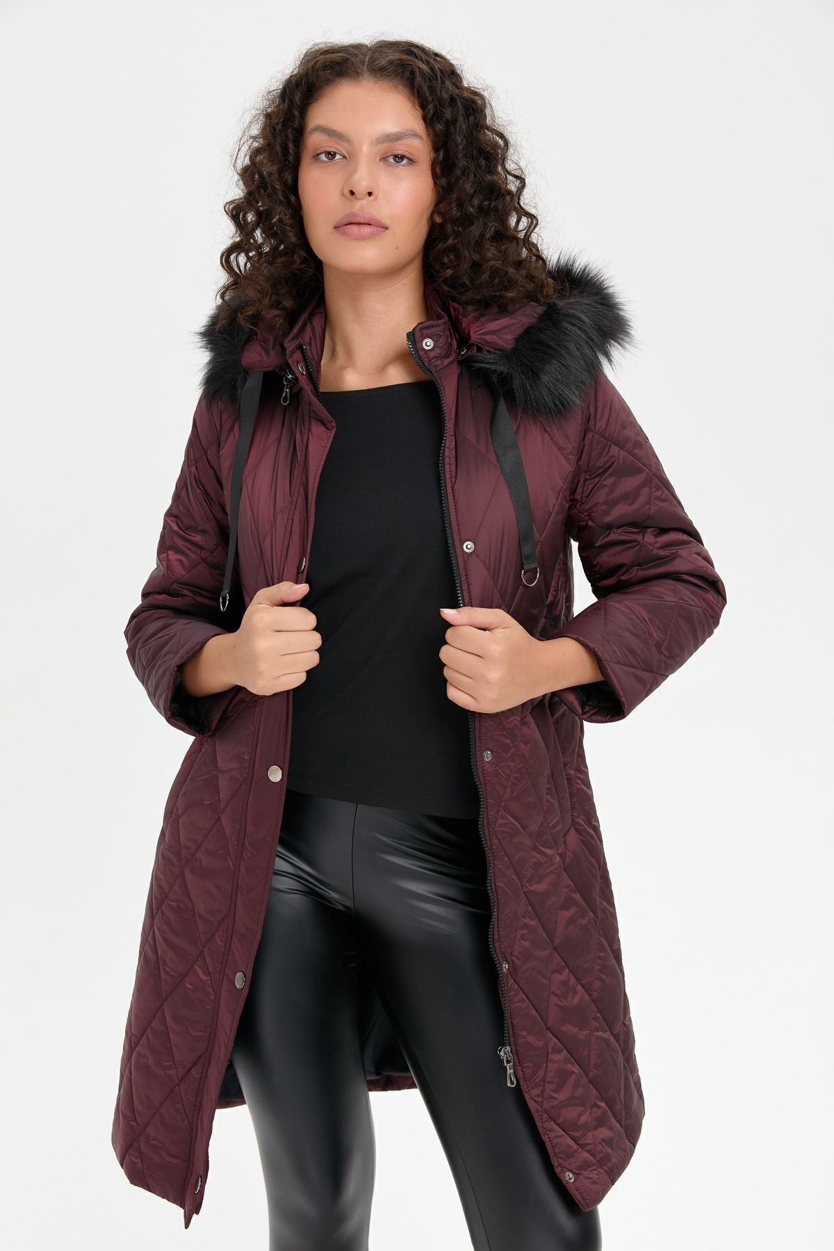 Desen Kapüşonlu Midi Oversize Kaban - Kışlık
