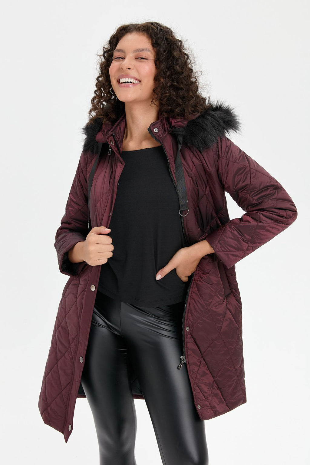Desen Kapüşonlu Midi Oversize Kaban - Kışlık