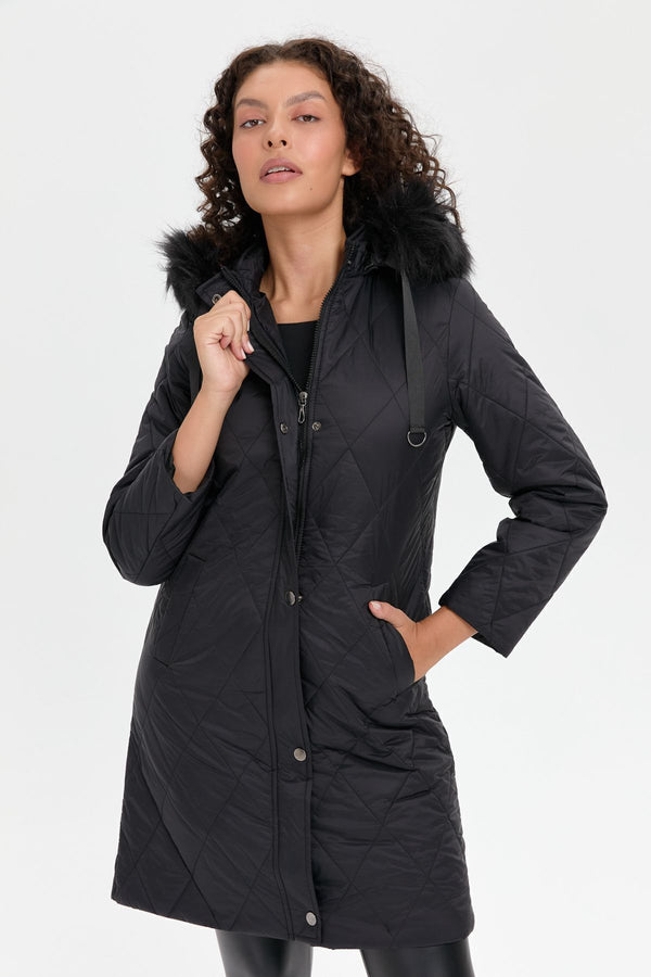 Desen Kapüşonlu Midi Oversize Kaban - Kışlık