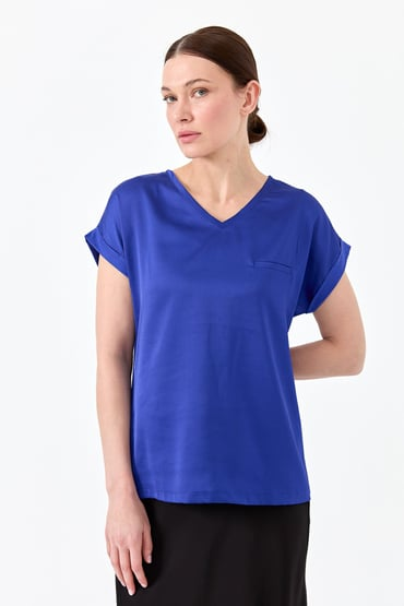 Desen Minimalist V Yaka Kısa Kol Oversize Kadın Bluz - Günlük Şıklık Main image