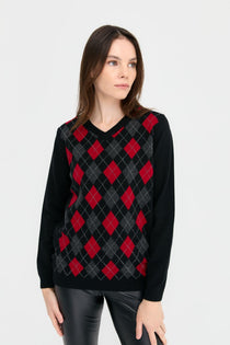 Desen V Yaka Argyle Desenli Oversize Kadın Kazak - Günlük Kullanım
