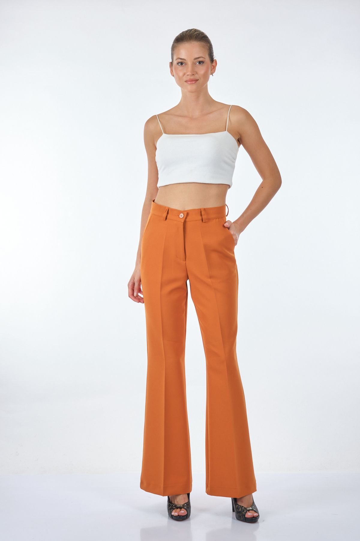 Doop Yüksek Bel Midi Çan Pantolon - Vintage Stil - Günlük & Ofis Main image