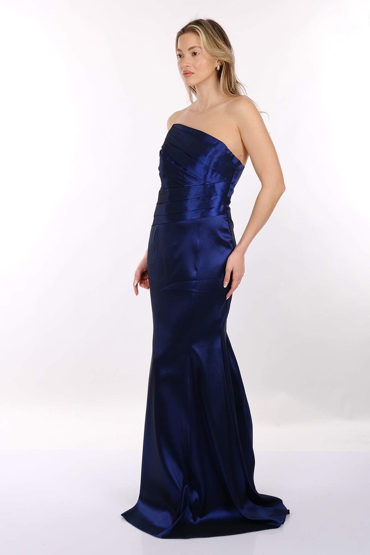 DORİDORCA Straplez Drapeli Saten Maxi Boy Kadın Abiye 2246115
