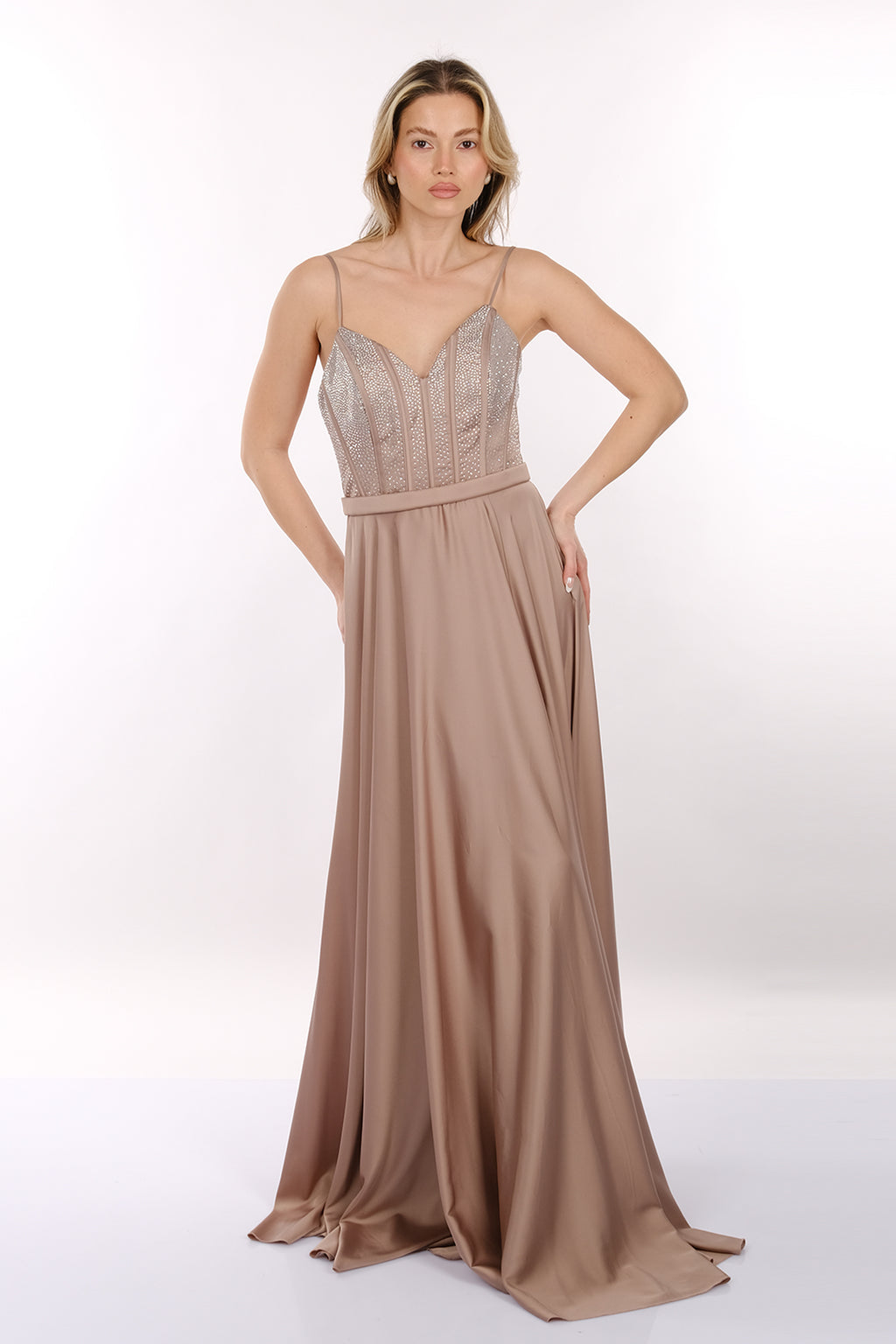 DORİDORCA İp Askılı V Yaka Önden Yırtmaçlı Maxi Boy Kadın Abiye 2246123